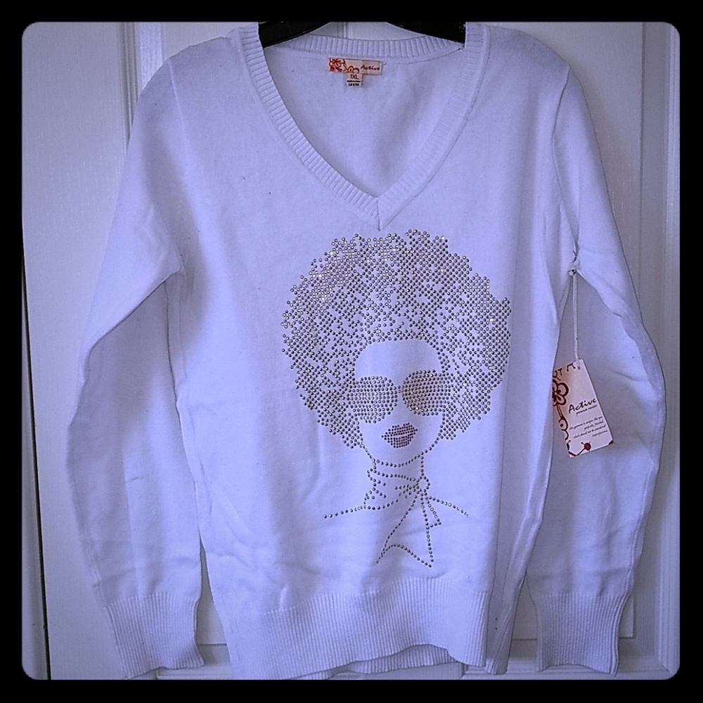 Afro Lady *Gold Rhinestone V-Neck Sweater  XL